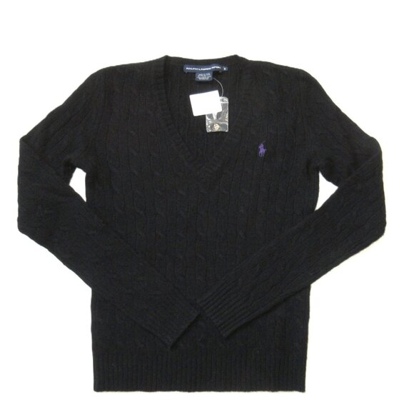 NWT Ralph Lauren Sport Cable-Knit Lambs Wool V-neck Sweater in Black Pullover M - Picture 2 of 4